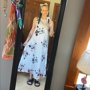 MissLook White Satin Sleeveless A-Line Floral Maxi Dress w/Pockets